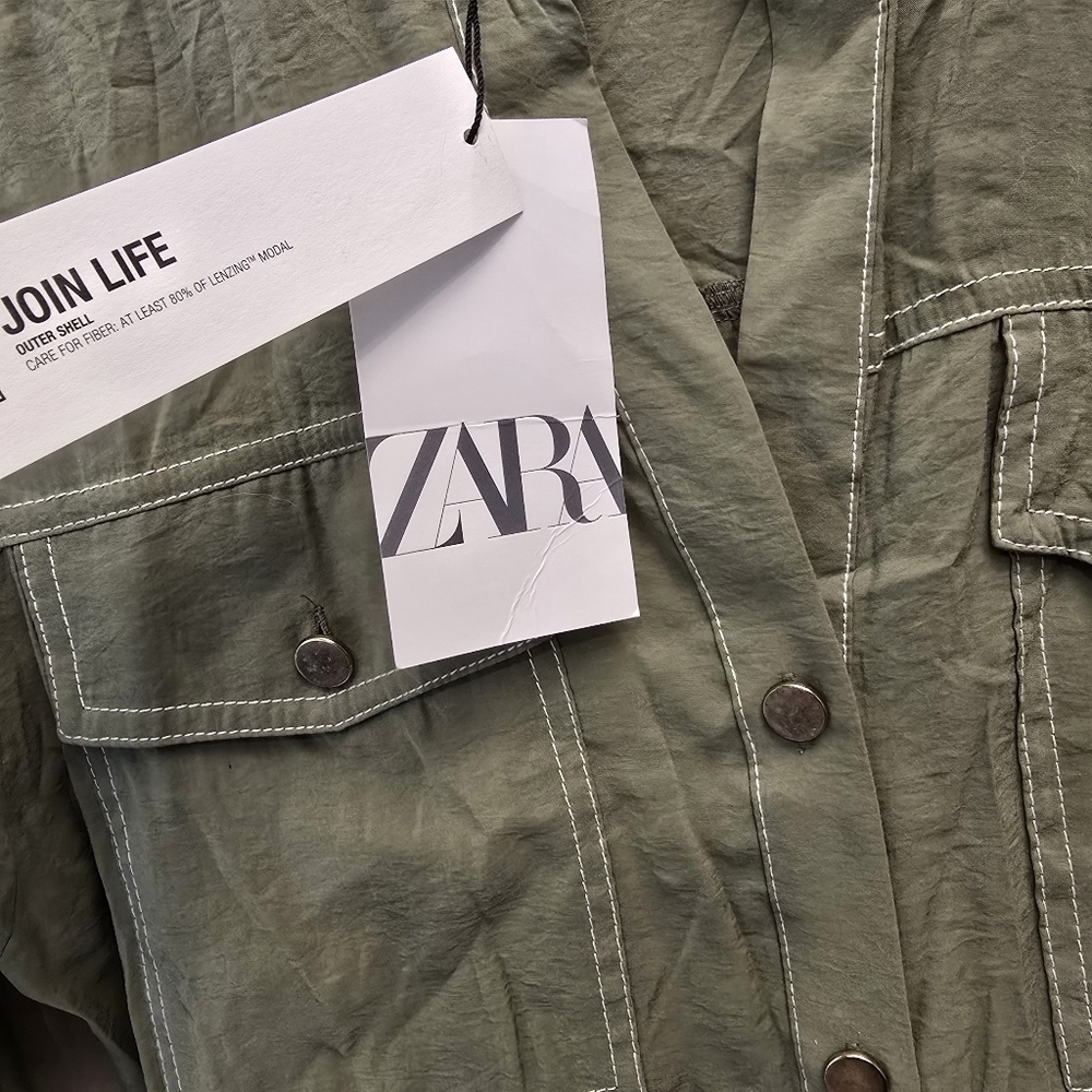 {XS} NWT (NO BELT) Zara Olive Green Modal Long Sleeve Constrat Stitch Jumpsuit - Picture 7 of 9